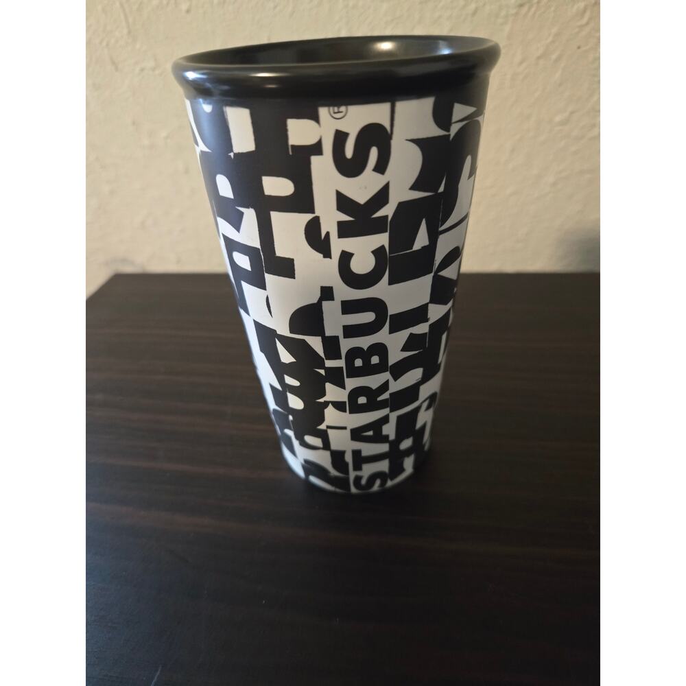 2014 Starbucks Black & White Letters Dot Collection Ceramic Travel Tumbler.